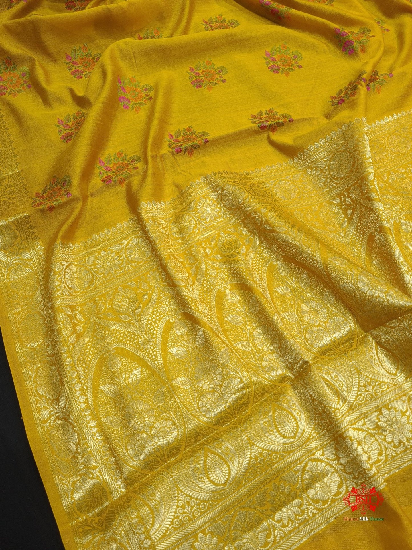 Shade Of Yellow Pure Chiniya Silk Saree With Meena Floral Booti - Bharat Silk House Chiniya Saree