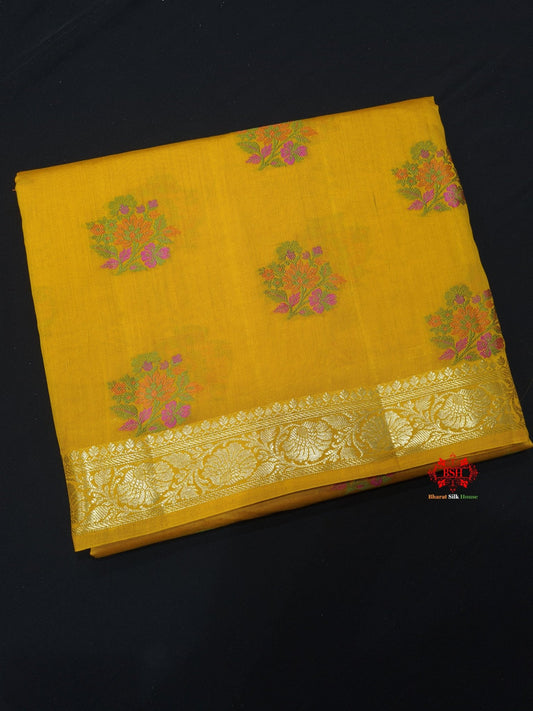 Shade Of Yellow Pure Chiniya Silk Saree With Meena Floral Booti - Bharat Silk House Chiniya Saree