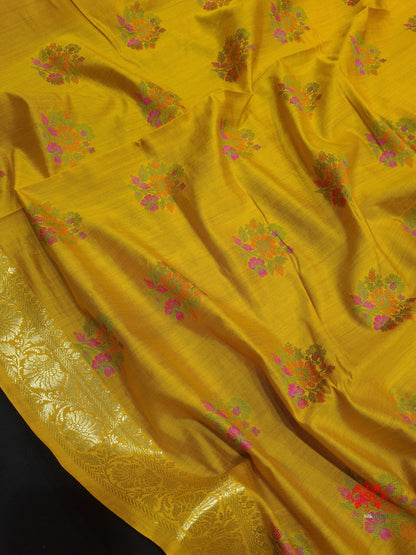 Shade Of Yellow Pure Chiniya Silk Saree With Meena Floral Booti - Bharat Silk House Chiniya Saree