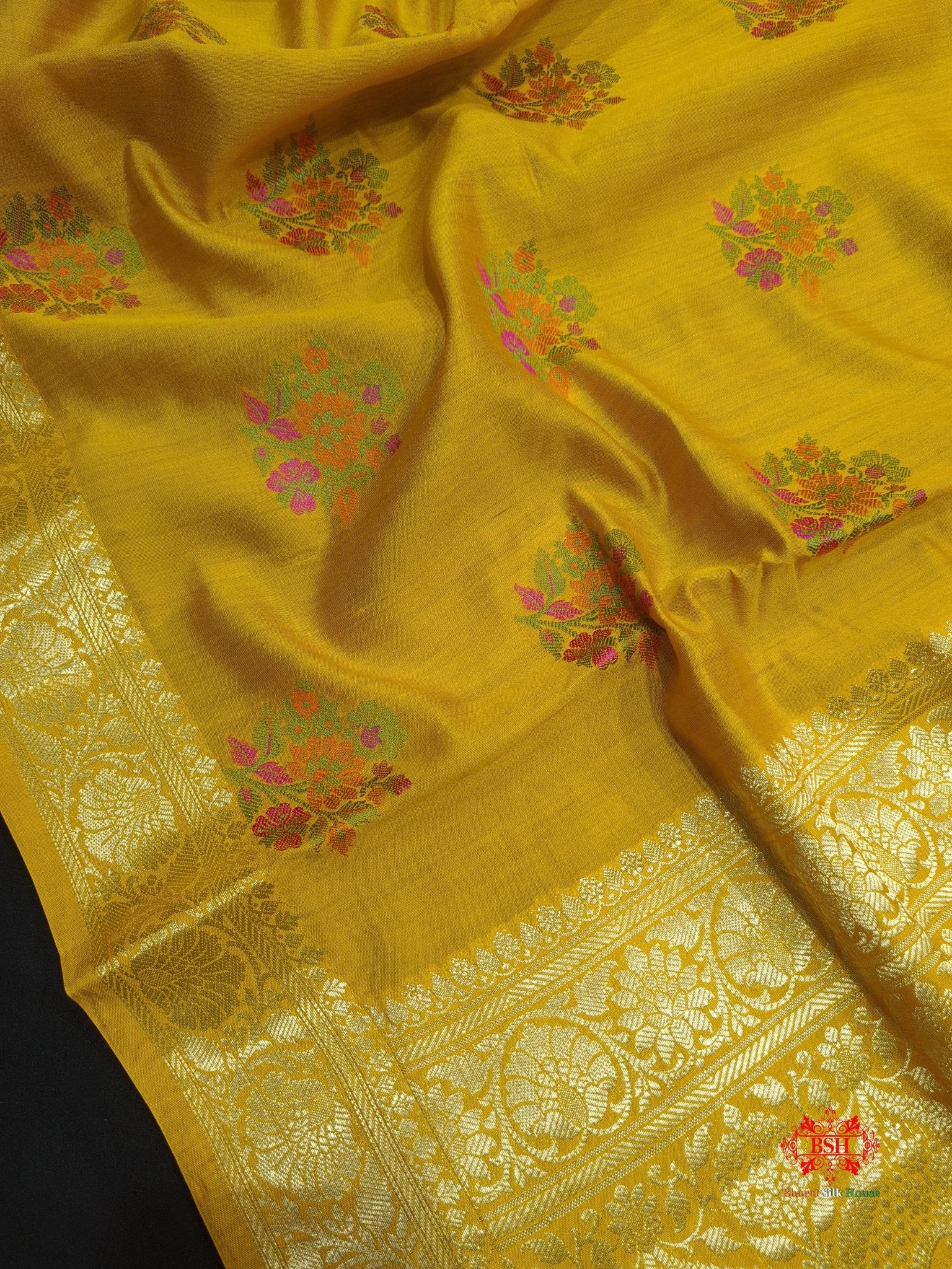 Shade Of Yellow Pure Chiniya Silk Saree With Meena Floral Booti - Bharat Silk House Chiniya Saree