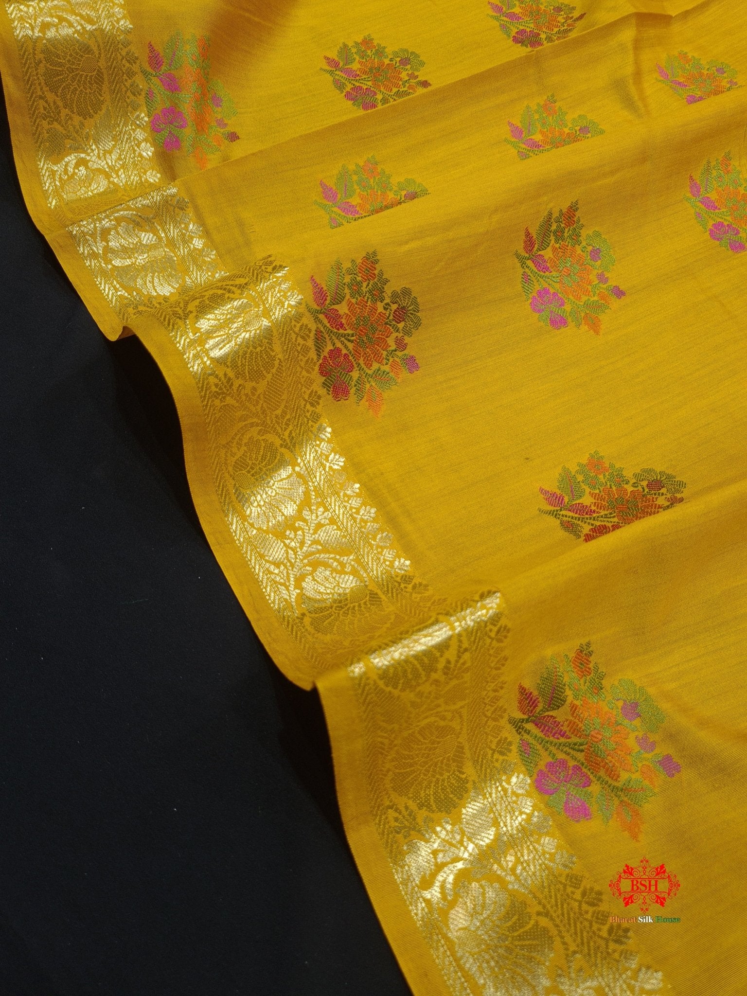 Shade Of Yellow Pure Chiniya Silk Saree With Meena Floral Booti - Bharat Silk House Chiniya Saree