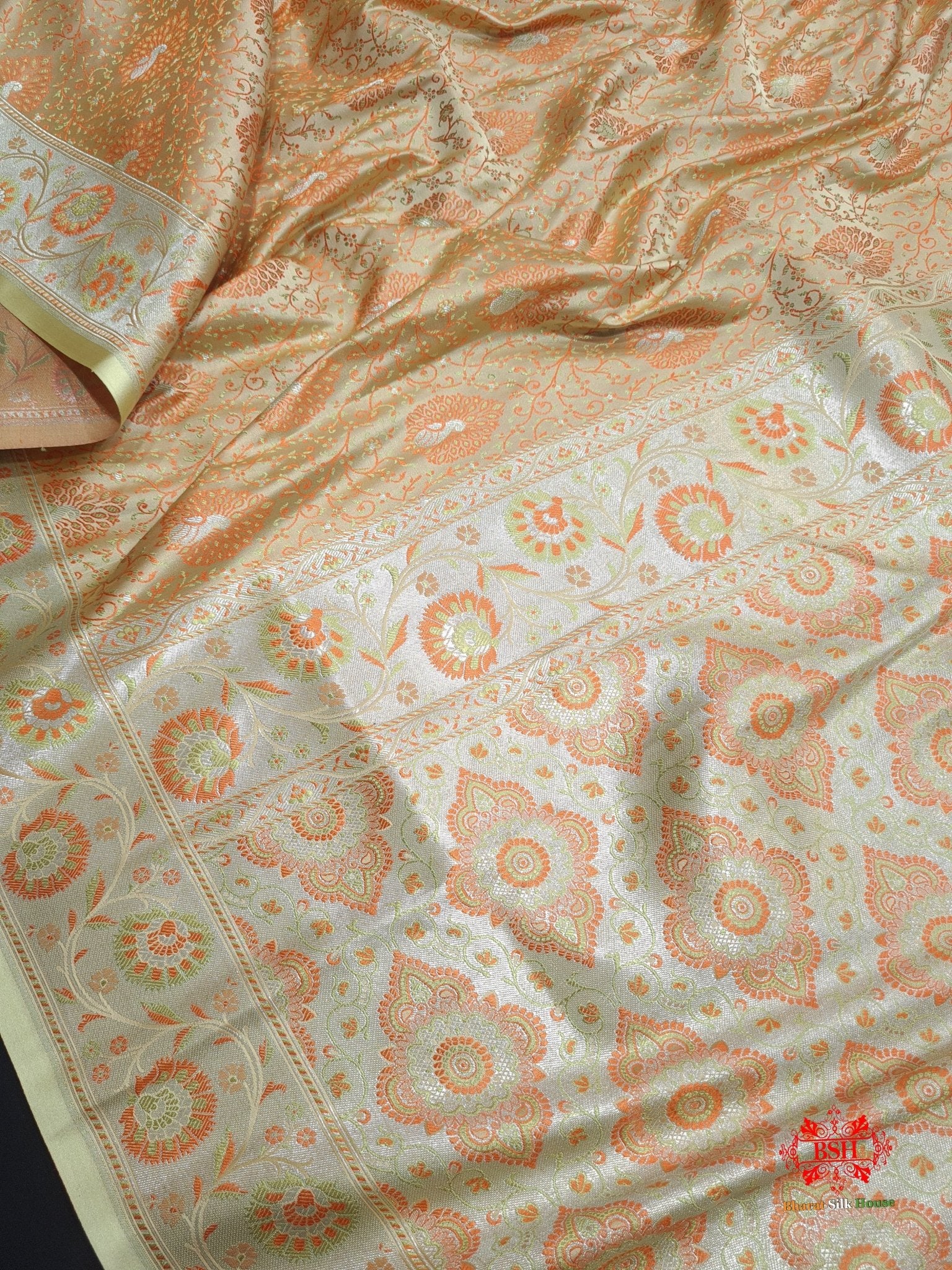 Shades Of Beige Dohri Resham Zari Booti Tanchoi Silk Saree - Bharat Silk House Tanchoi katan