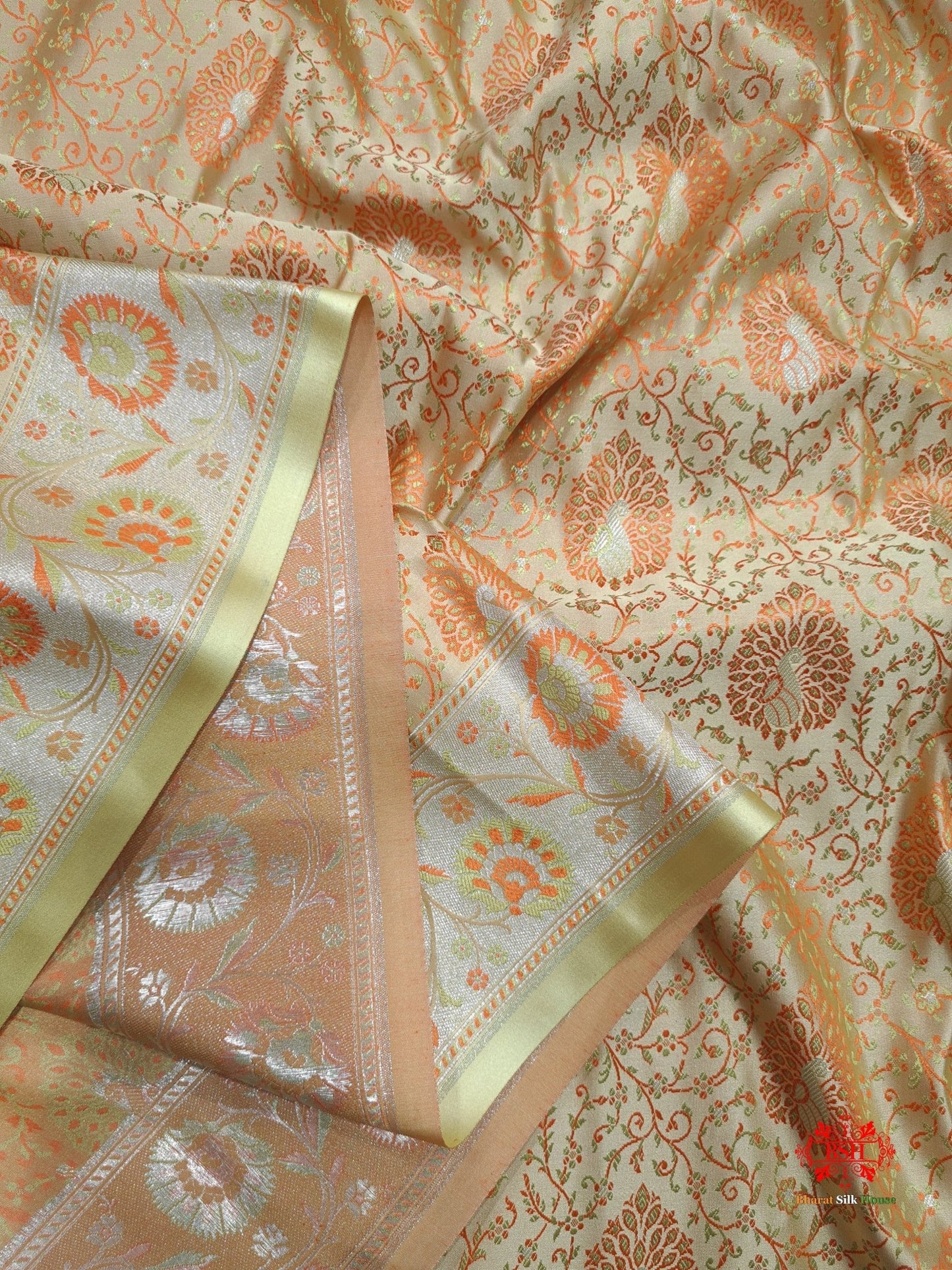 Shades Of Beige Dohri Resham Zari Booti Tanchoi Silk Saree - Bharat Silk House Tanchoi katan