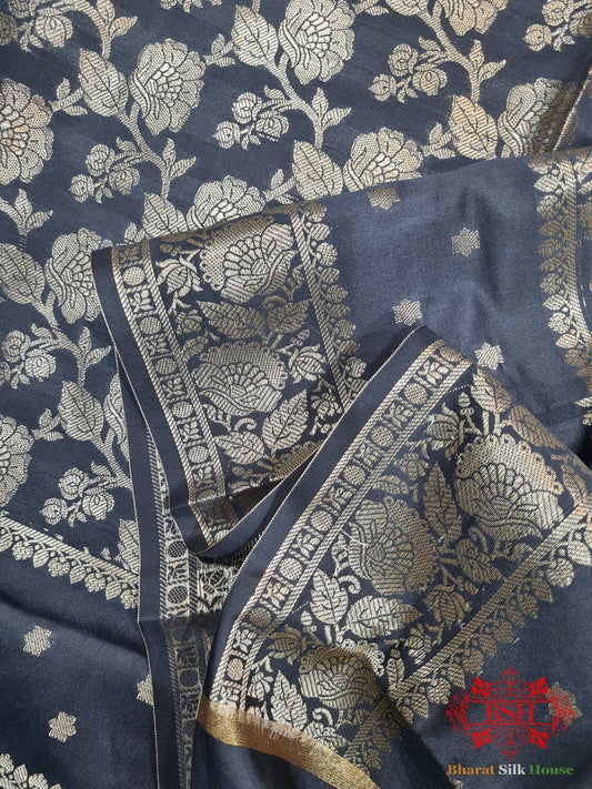 Shades Of Black Banarasi Floral Semi Silk Dupatta - Bharat Silk House Semi Dupatte