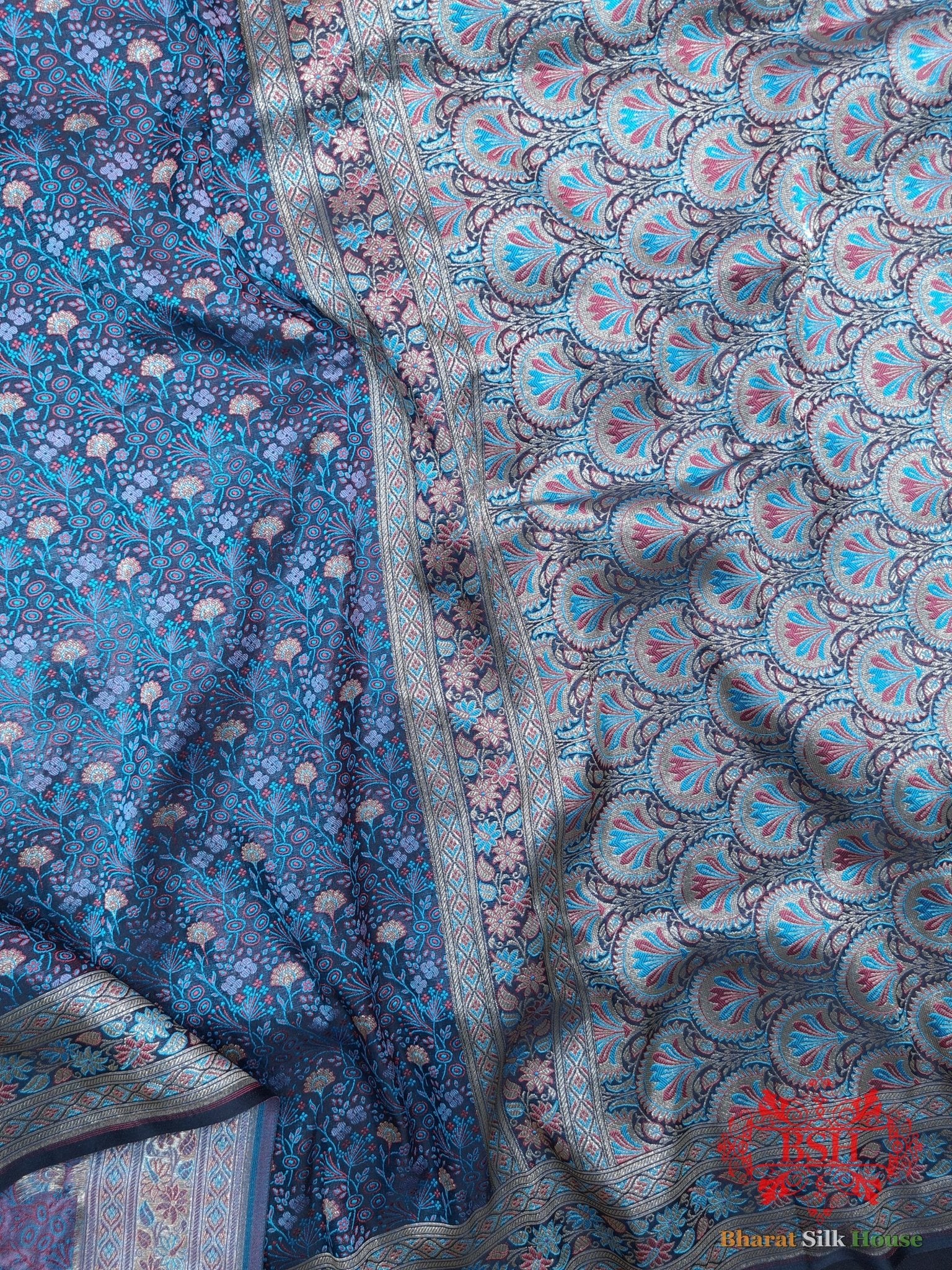 Shades Of Blue Dohri Resham Zari Booti Tanchoi Silk Saree - Bharat Silk House Tanchoi katan