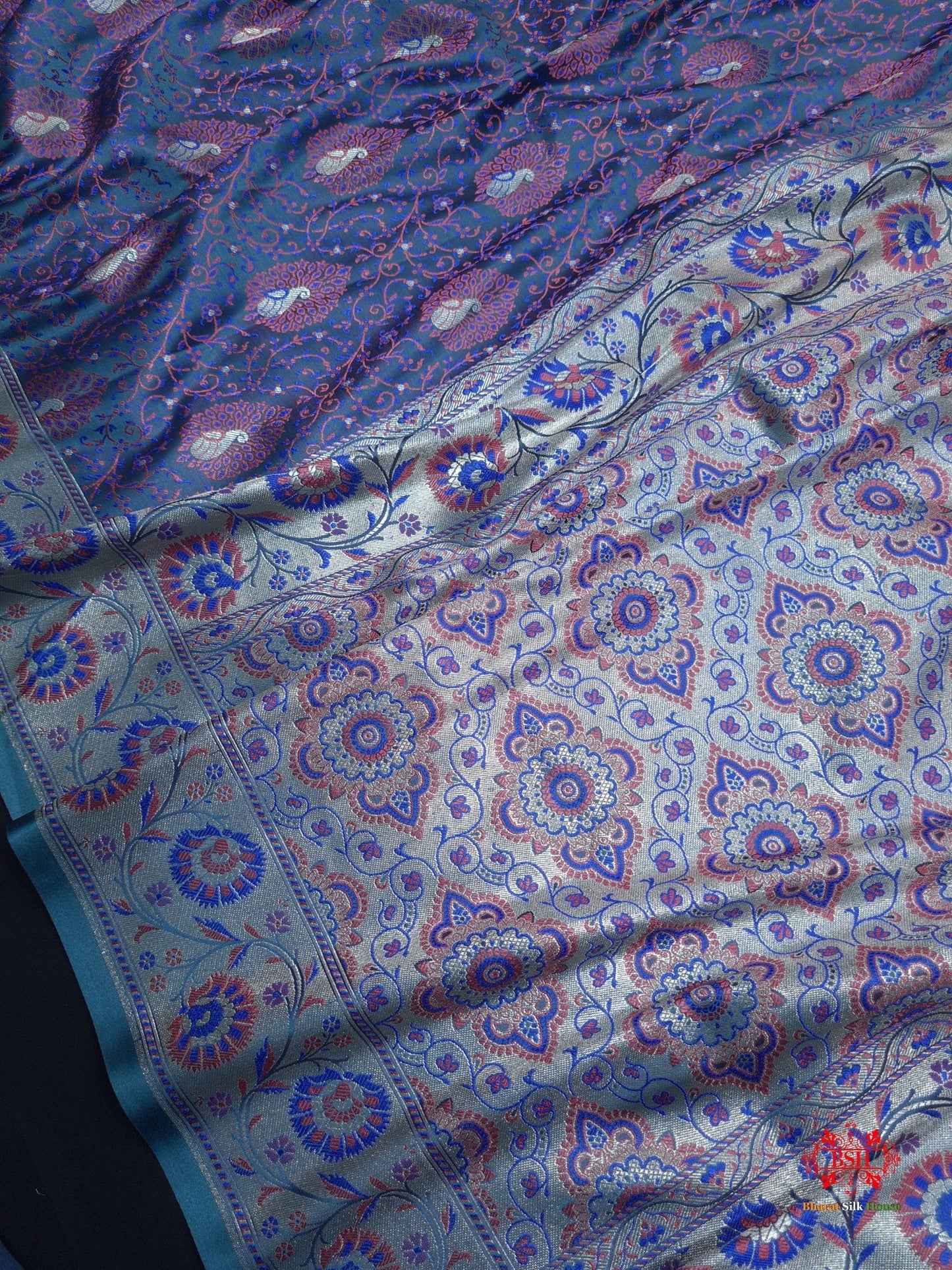 Shades Of Blue Dohri Resham Zari Booti Tanchoi Silk Saree - Bharat Silk House Tanchoi katan