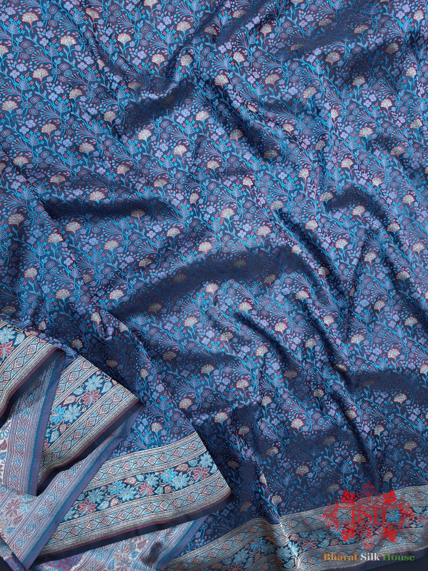 Shades Of Blue Dohri Resham Zari Booti Tanchoi Silk Saree - Bharat Silk House Tanchoi katan