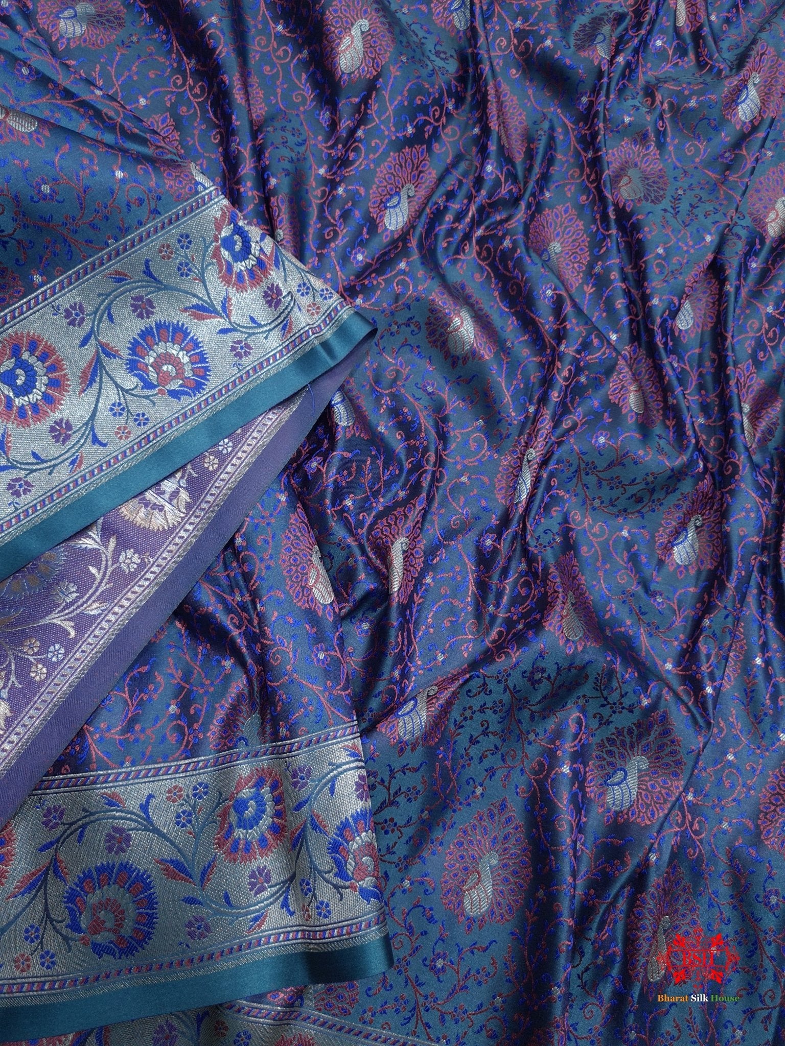 Shades Of Blue Dohri Resham Zari Booti Tanchoi Silk Saree - Bharat Silk House Tanchoi katan