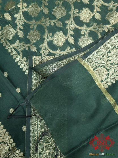 Shades Of Bottle Green Banarasi Floral Semi Silk Dupatta - Bharat Silk House Semi Dupatte