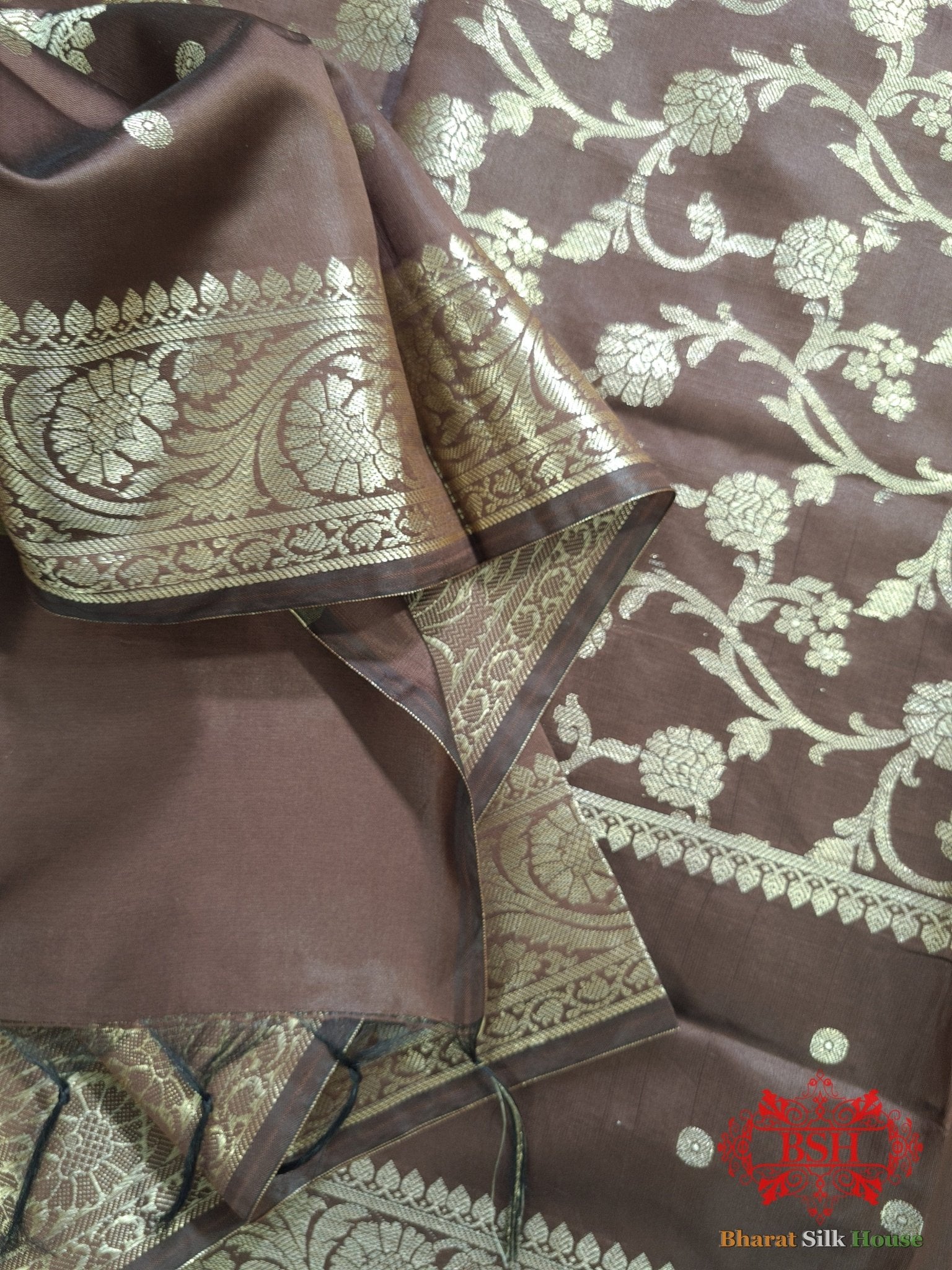 Shades Of Brown Banarasi Floral Semi Silk Dupatta - Bharat Silk House Semi Dupatte