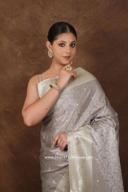 Shades Of Gray Single Zari Tanchoi Silk Saree - Bharat Silk House Tanchoi katan