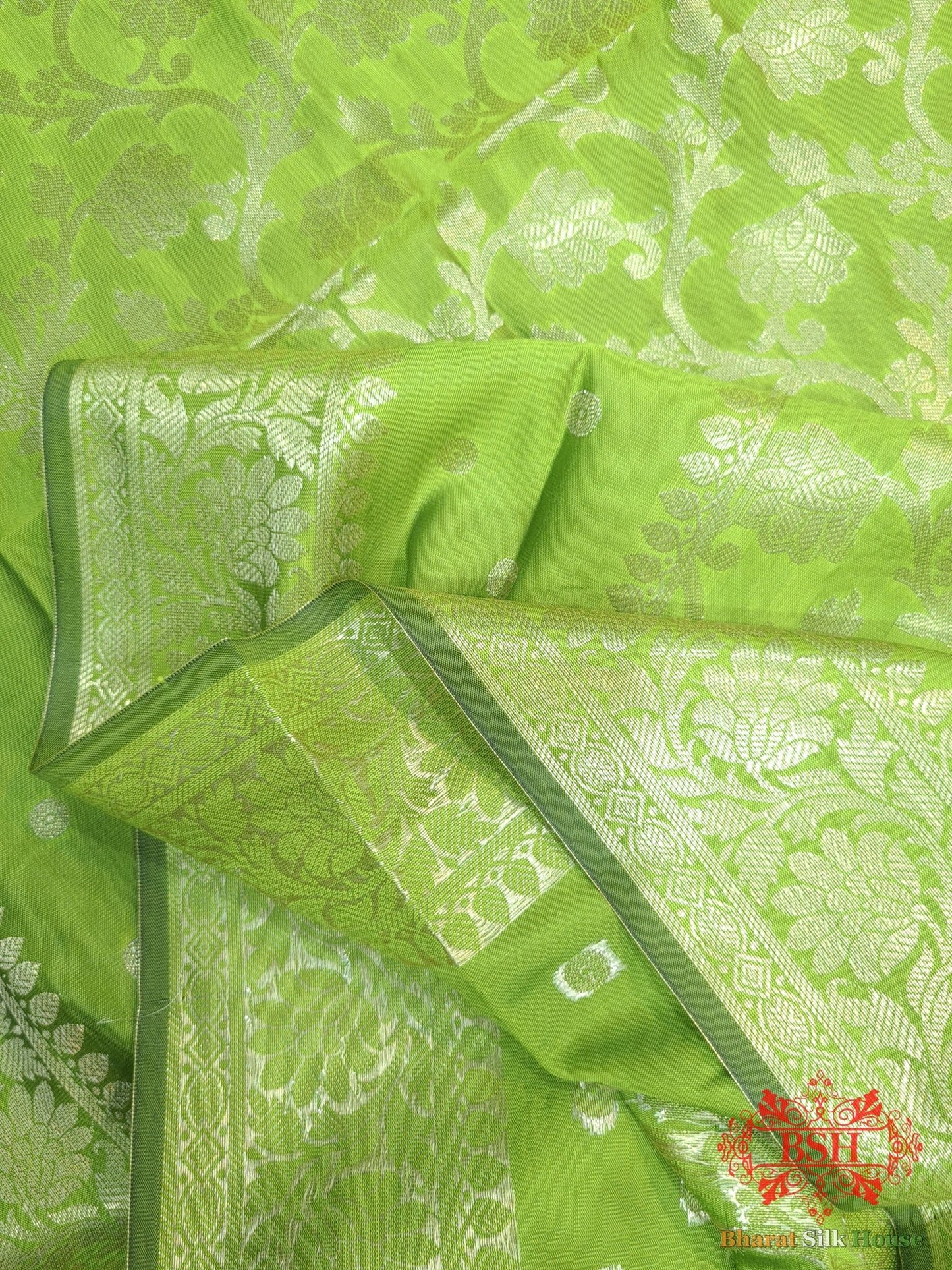 Shades Of Green Banarasi Floral Semi Silk Dupatta - Bharat Silk House Semi Dupatte