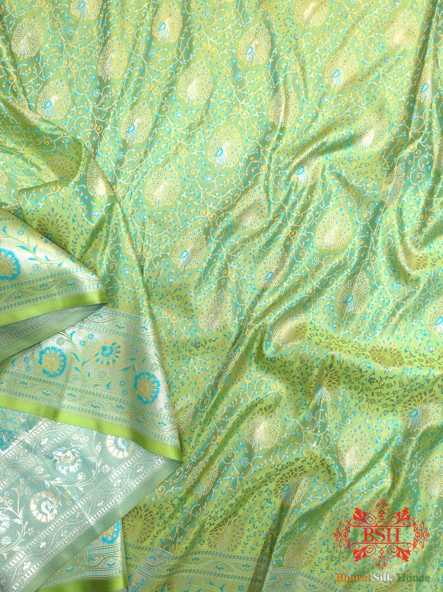 Shades Of Green Dohri Resham Zari Booti Tanchoi Silk Saree - Bharat Silk House Semi - Silk