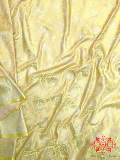 Shades Of Lemon yellow Dohri Resham Zari Booti Tanchoi Silk Saree - Bharat Silk House Tanchoi katan