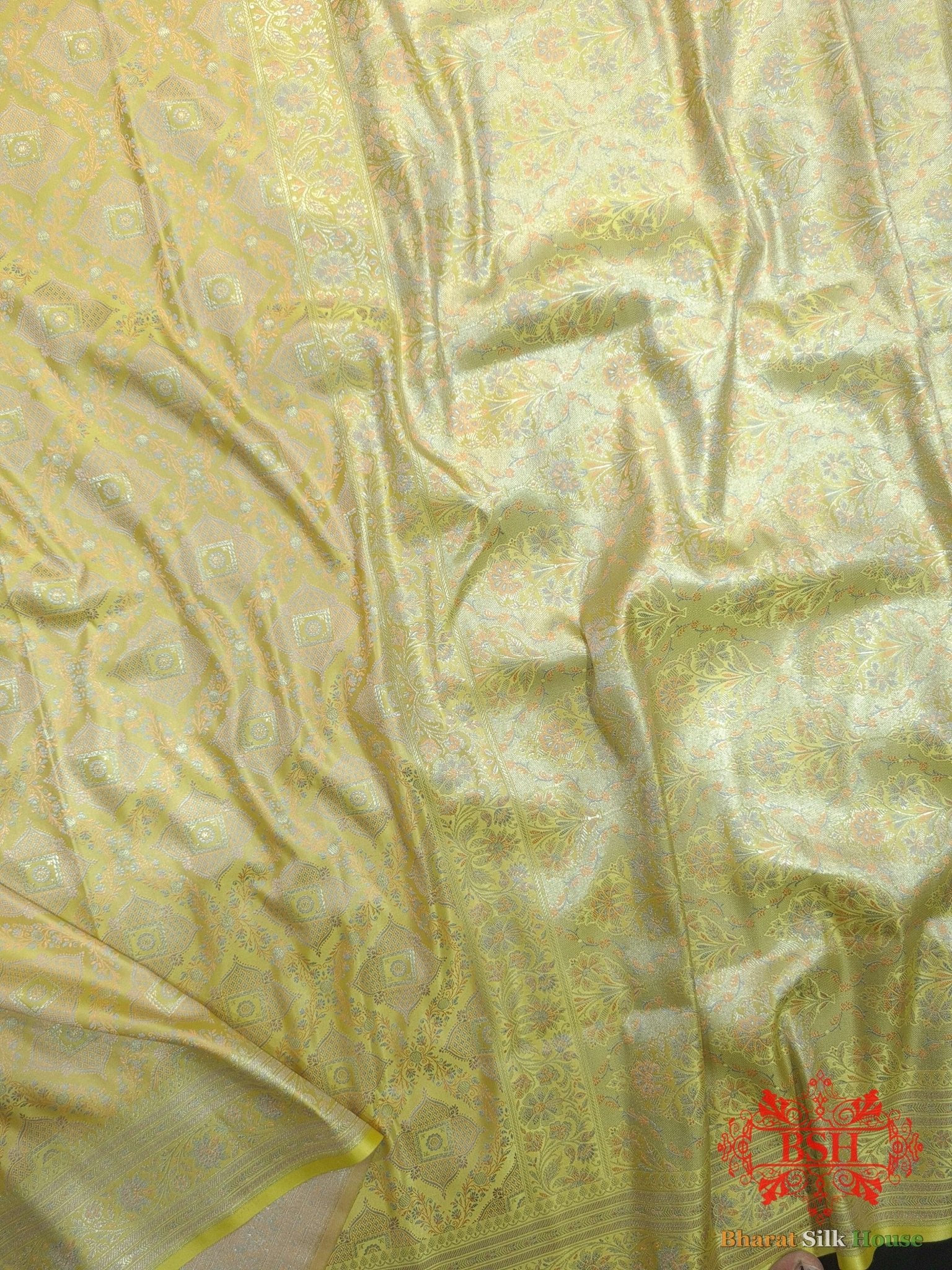 Shades Of Lemon yellow Dohri Resham Zari Booti Tanchoi Silk Saree - Bharat Silk House Tanchoi katan