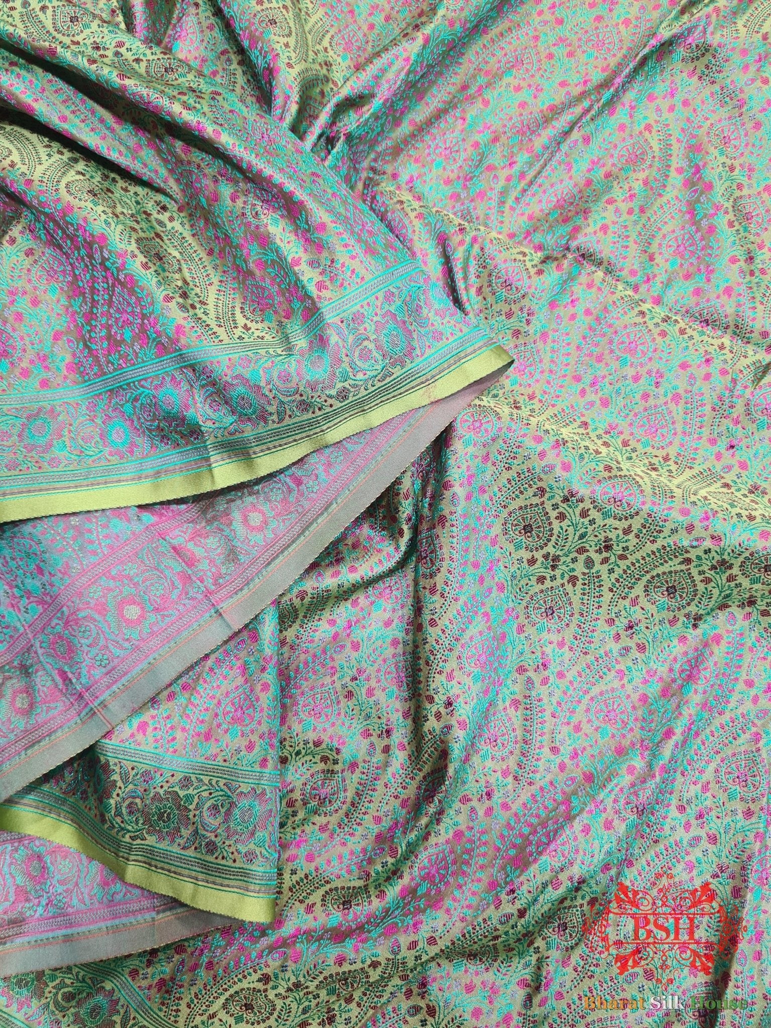 Shades Of Light Green Dohri Resham Tanchoi Silk Saree - Bharat Silk House Tanchoi katan