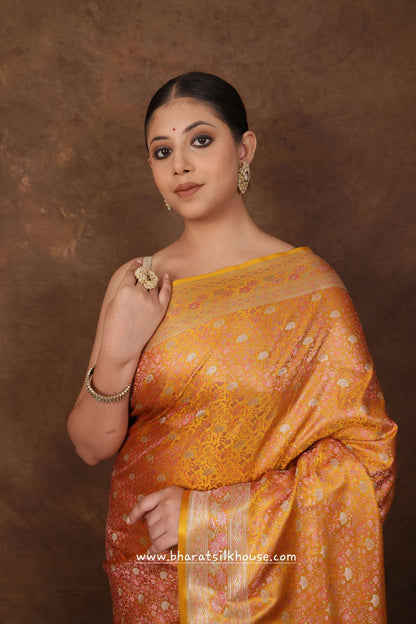 Shades Of Mustard Yellow Dohri Resham Zari Booti Tanchoi Silk Saree - Bharat Silk House Tanchoi katan