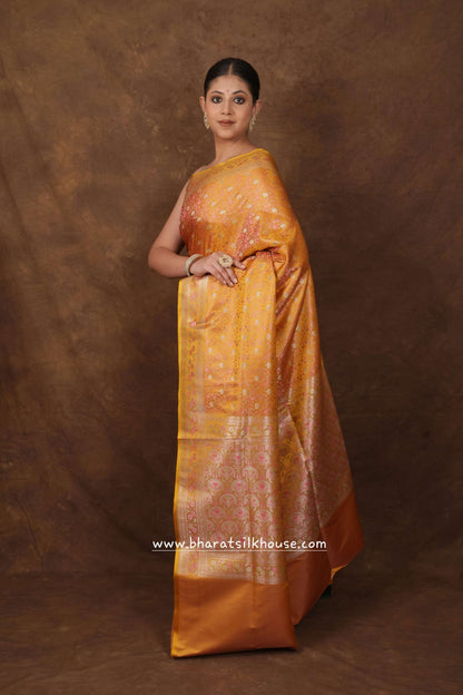 Shades Of Mustard Yellow Dohri Resham Zari Booti Tanchoi Silk Saree - Bharat Silk House Tanchoi katan