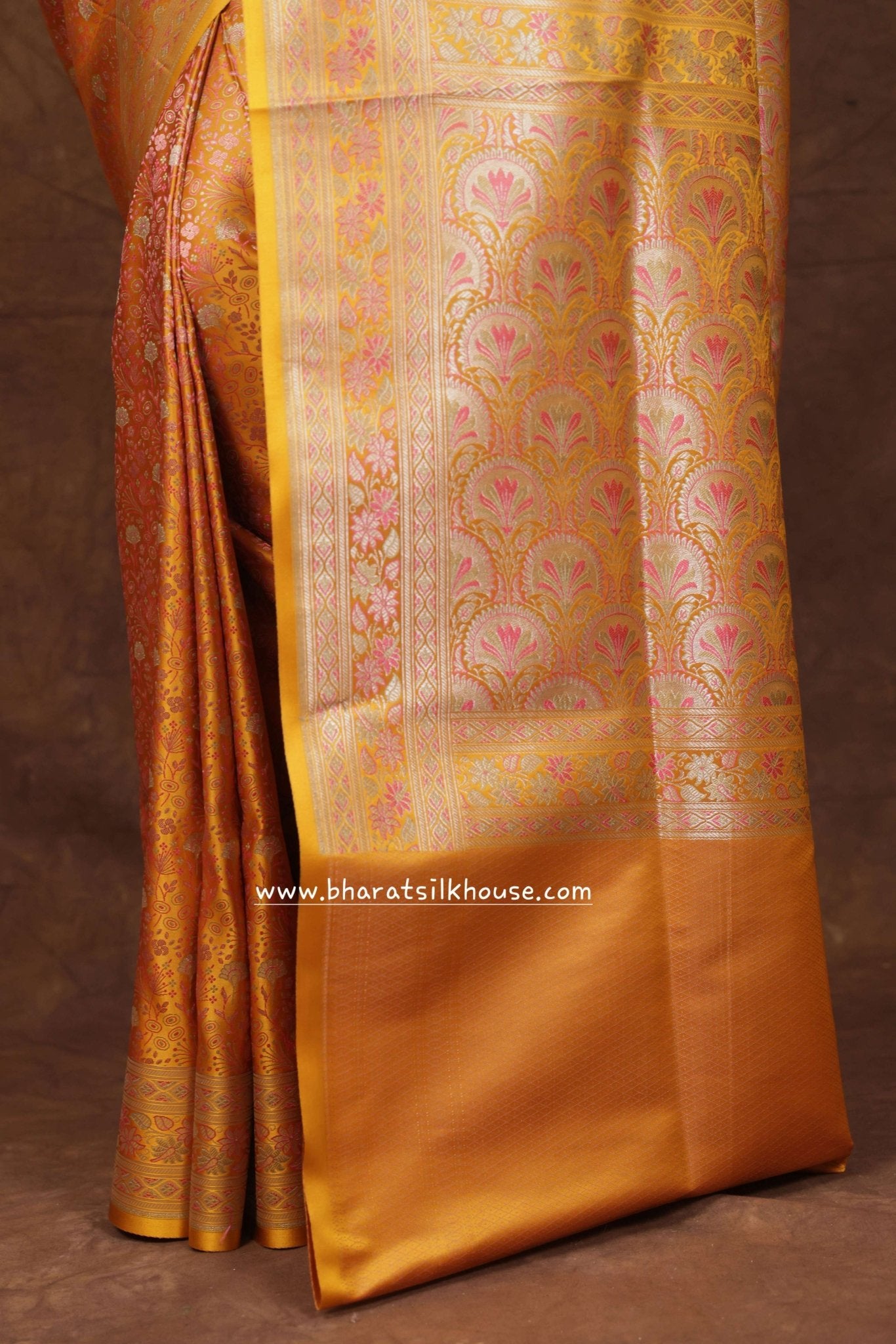 Shades Of Mustard Yellow Dohri Resham Zari Booti Tanchoi Silk Saree - Bharat Silk House Tanchoi katan