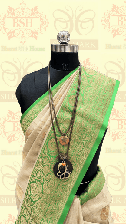 Shades Of Off White Pure Tussar Moonga Silk Handloom Saree With Zari Border - Bharat Silk House Tussar