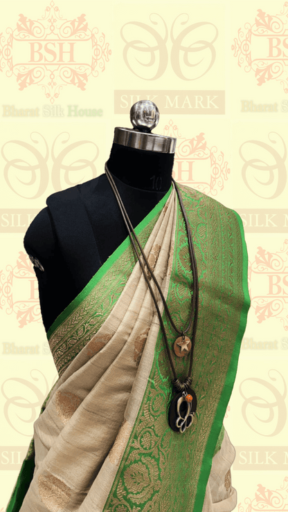 Shades Of Off White Pure Tussar Moonga Silk Handloom Saree With Zari Border - Bharat Silk House Tussar