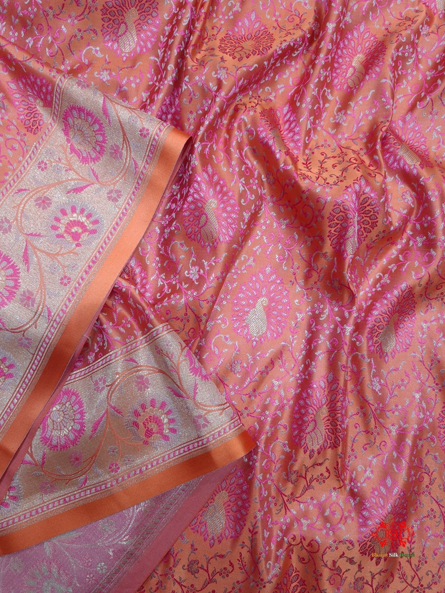 Shades Of Orange Dohri Resham Zari Booti Tanchoi Silk Saree - Bharat Silk House Tanchoi katan