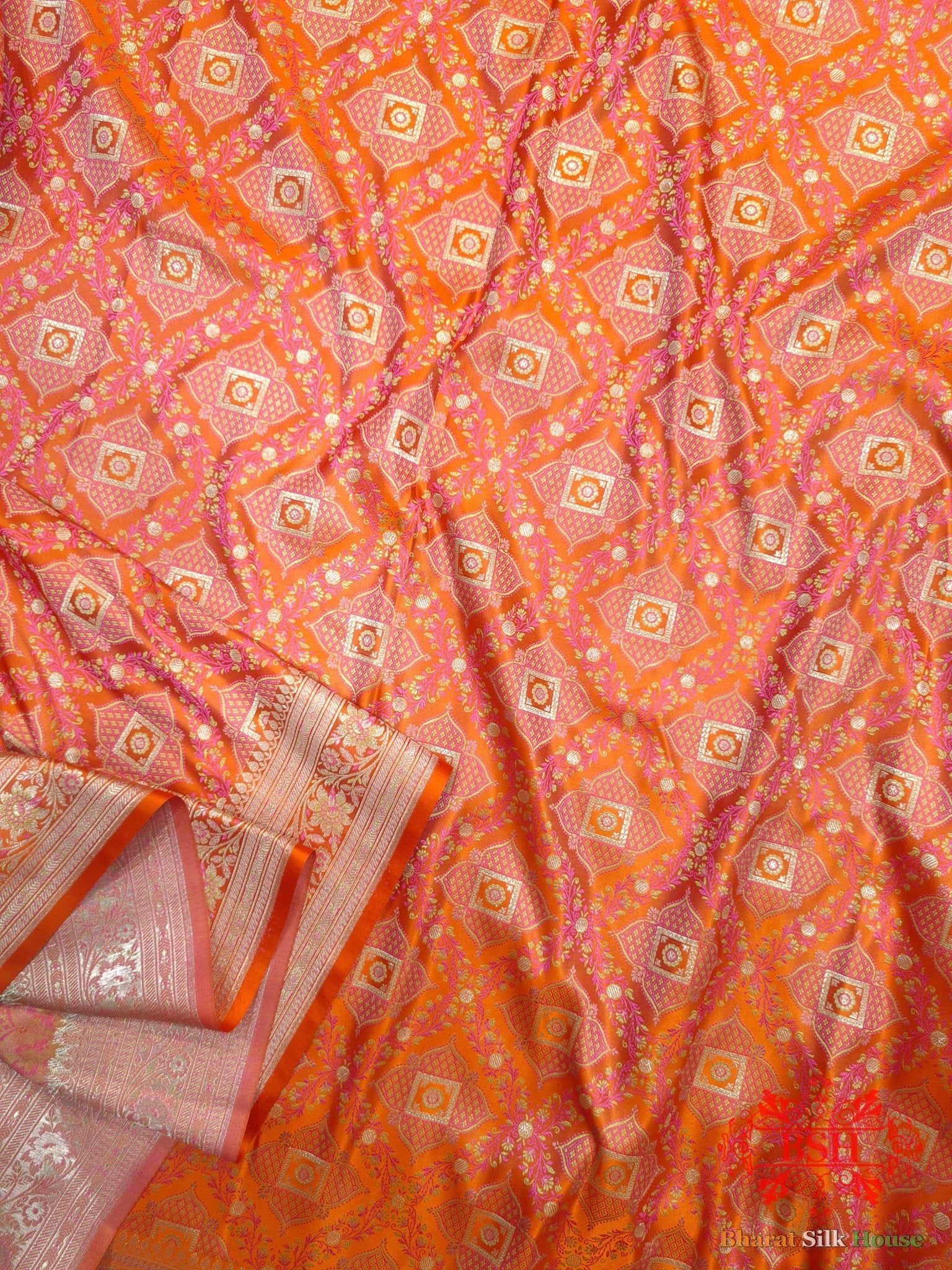 Shades Of Orange Dohri Resham Zari Booti Tanchoi Silk Saree - Bharat Silk House Tanchoi katan