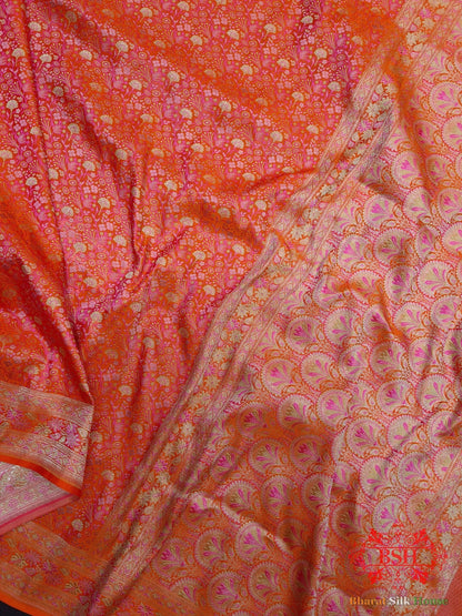 Shades Of Orange Dohri Resham Zari Booti Tanchoi Silk Saree - Bharat Silk House Tanchoi katan