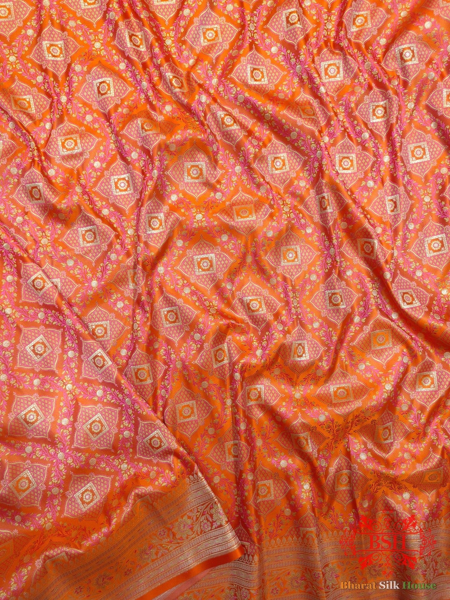 Shades Of Orange Dohri Resham Zari Booti Tanchoi Silk Saree - Bharat Silk House Tanchoi katan