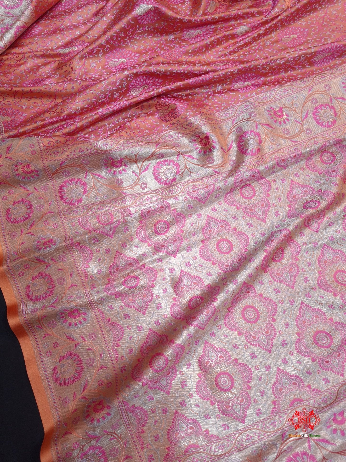 Shades Of Orange Dohri Resham Zari Booti Tanchoi Silk Saree - Bharat Silk House Tanchoi katan