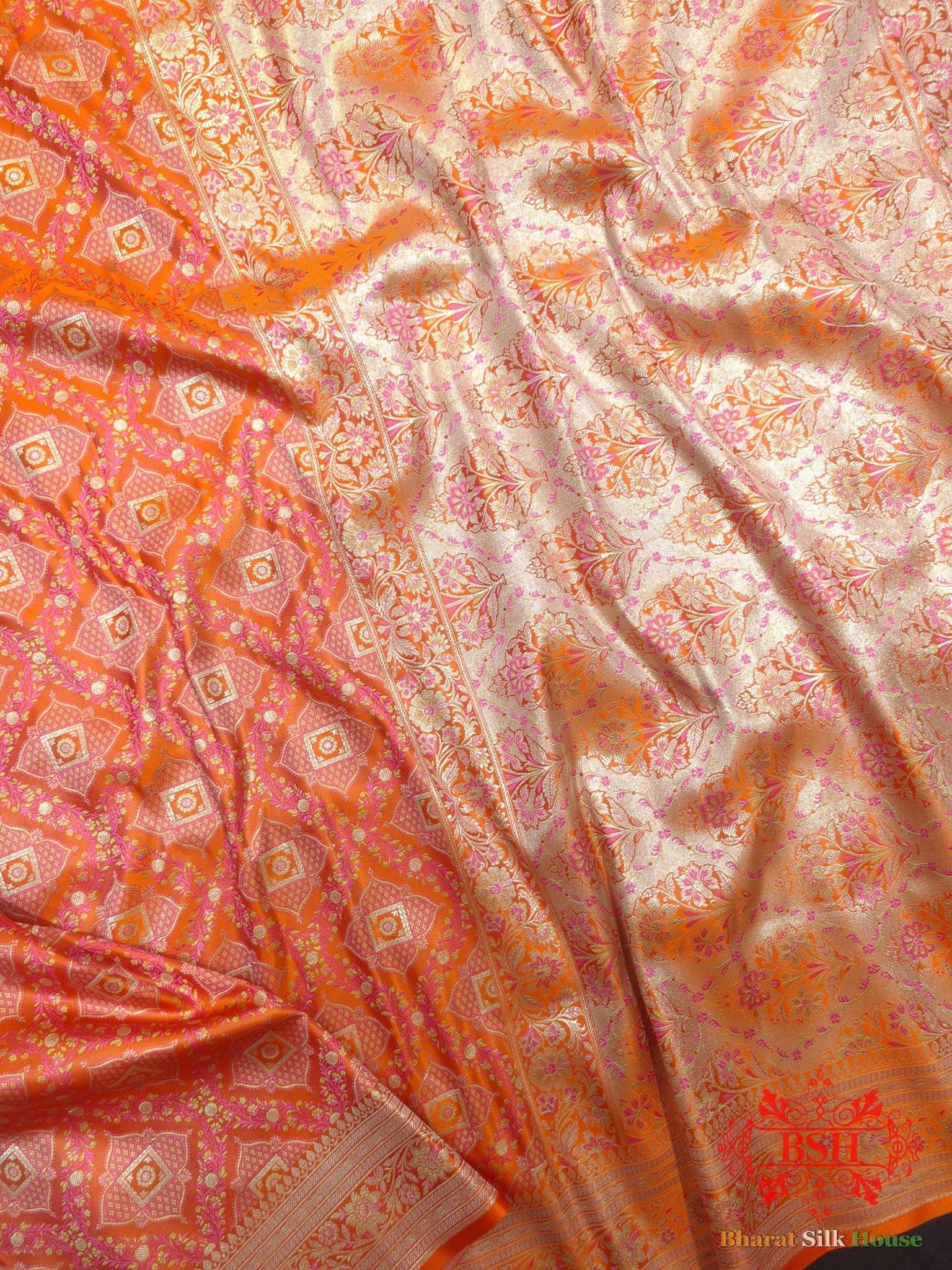 Shades Of Orange Dohri Resham Zari Booti Tanchoi Silk Saree - Bharat Silk House Tanchoi katan