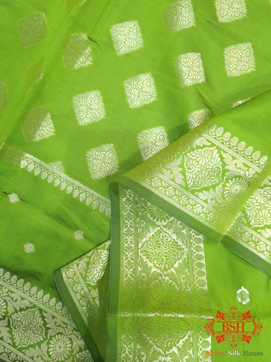 Shades Of Parrot Green Banarasi Floral Semi Silk Dupatta - Bharat Silk House Semi Dupatte