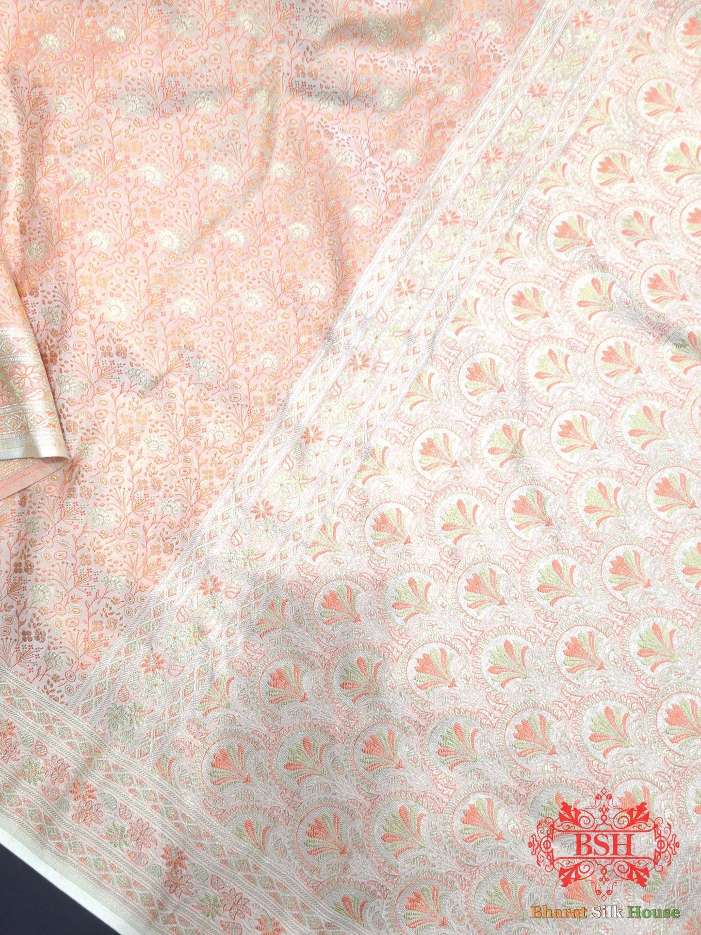 Shades Of Peach Color Dohri Resham Zari Booti Tanchoi Silk Saree - Bharat Silk House Tanchoi katan