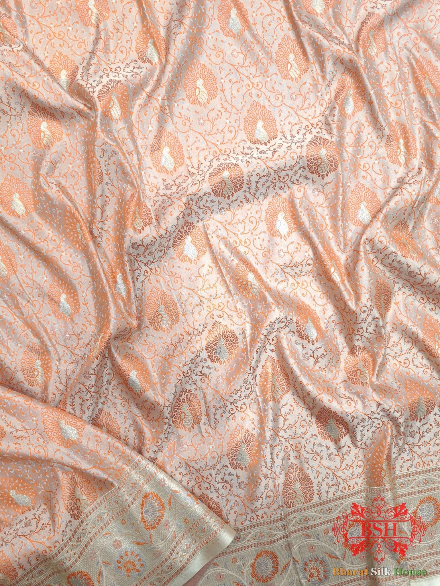 Shades Of Peach Dohri Resham Zari Booti Tanchoi Silk Saree - Bharat Silk House Semi - Silk