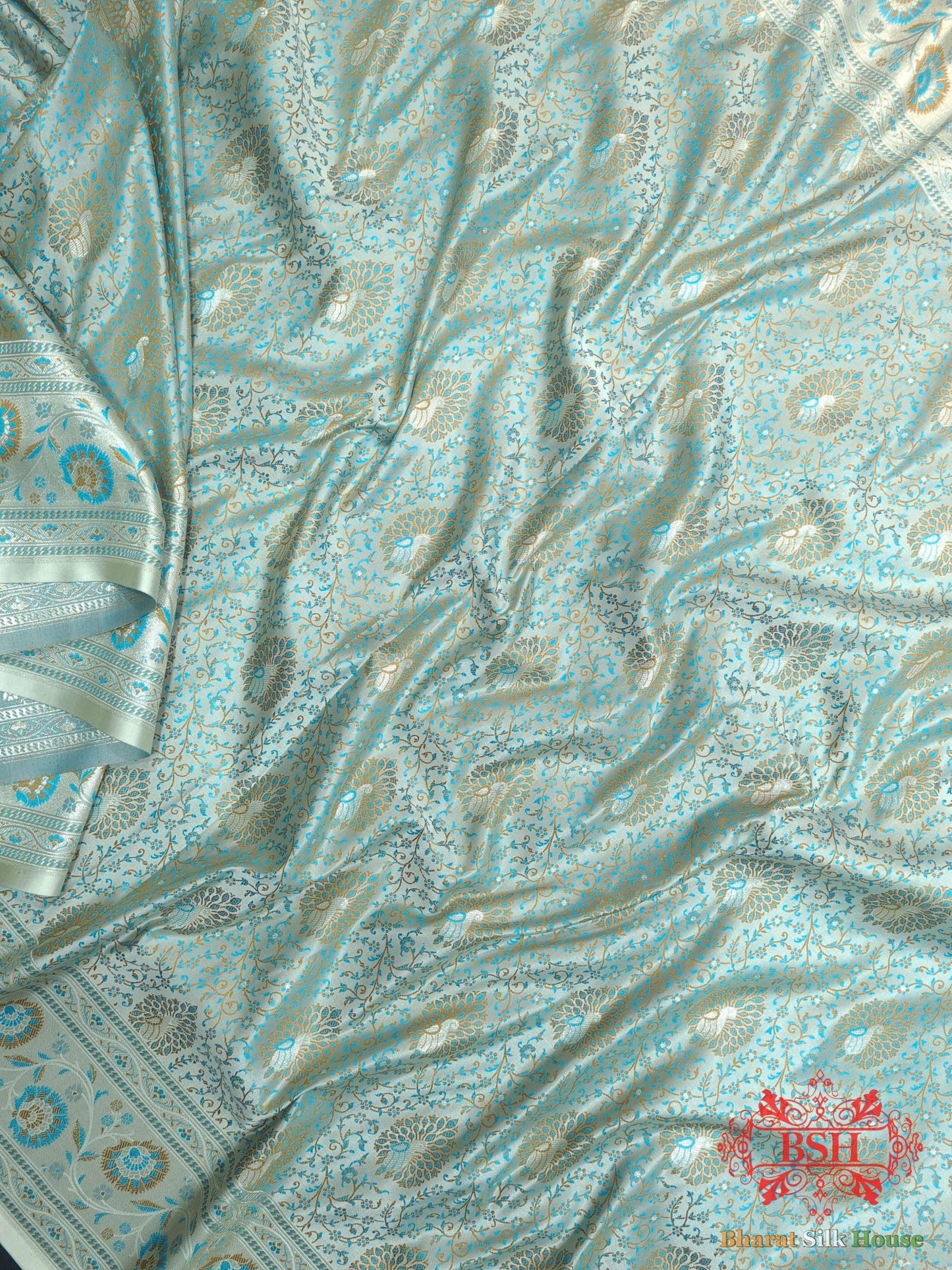 Shades Of Powder Blue Dohri Resham Zari Booti Tanchoi Silk Saree - Bharat Silk House Semi - Silk