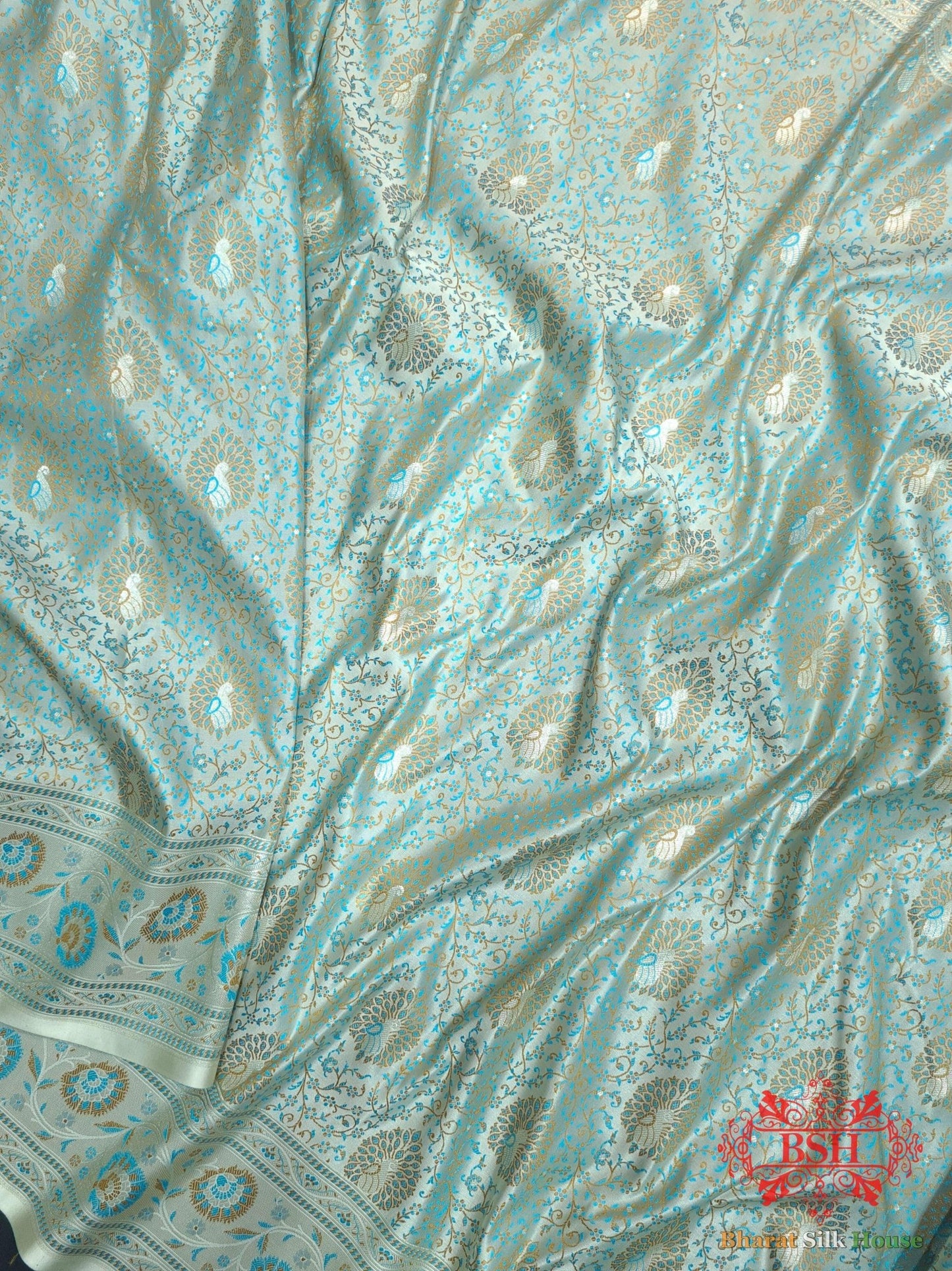 Shades Of Powder Blue Dohri Resham Zari Booti Tanchoi Silk Saree - Bharat Silk House Semi - Silk