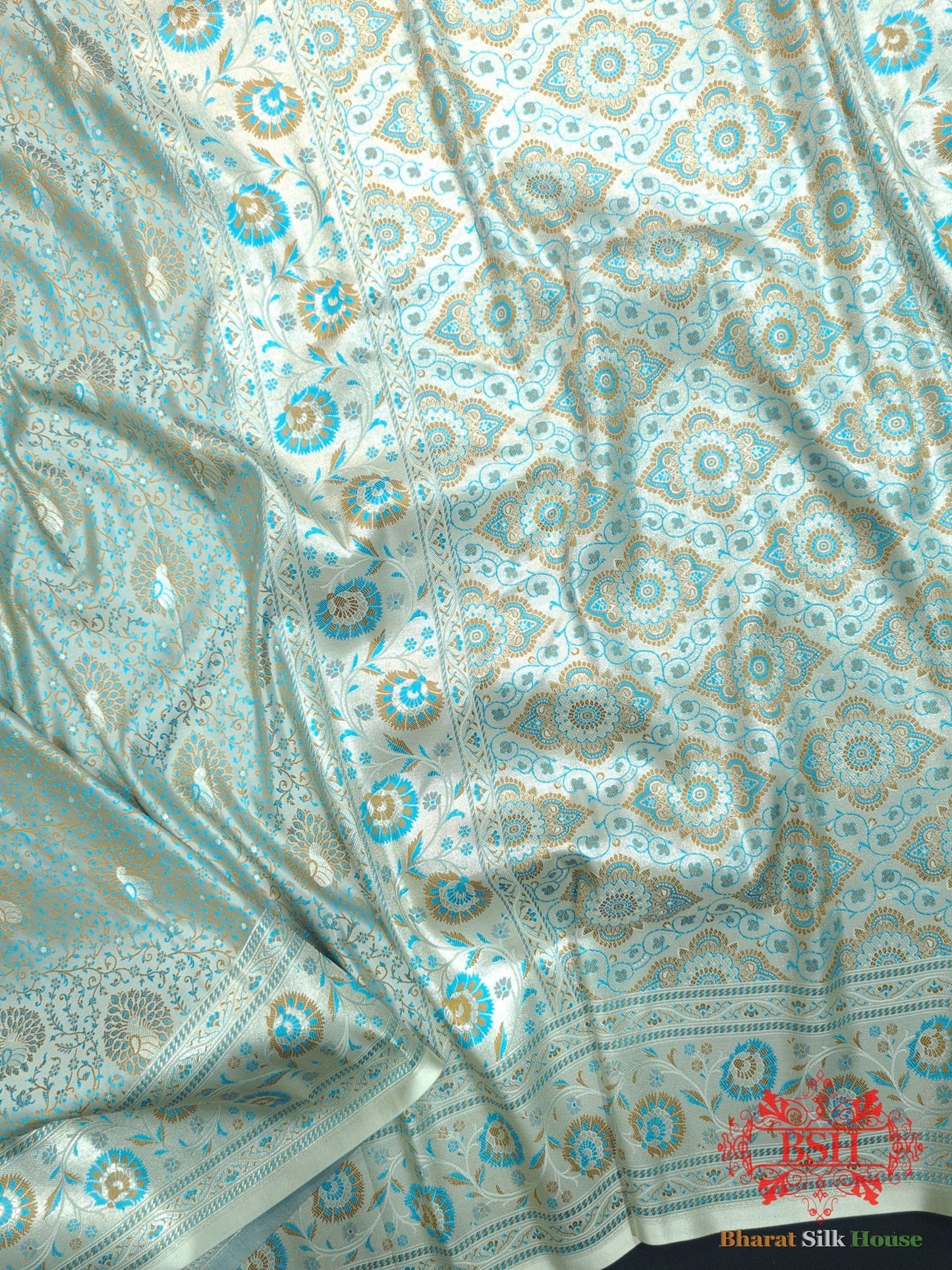 Shades Of Powder Blue Dohri Resham Zari Booti Tanchoi Silk Saree - Bharat Silk House Semi - Silk