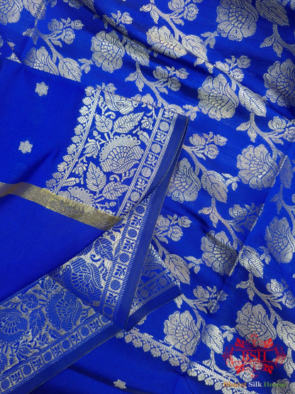 Shades Of Royal Blue Banarasi Floral Semi Silk Dupatta - Bharat Silk House Semi Dupatte