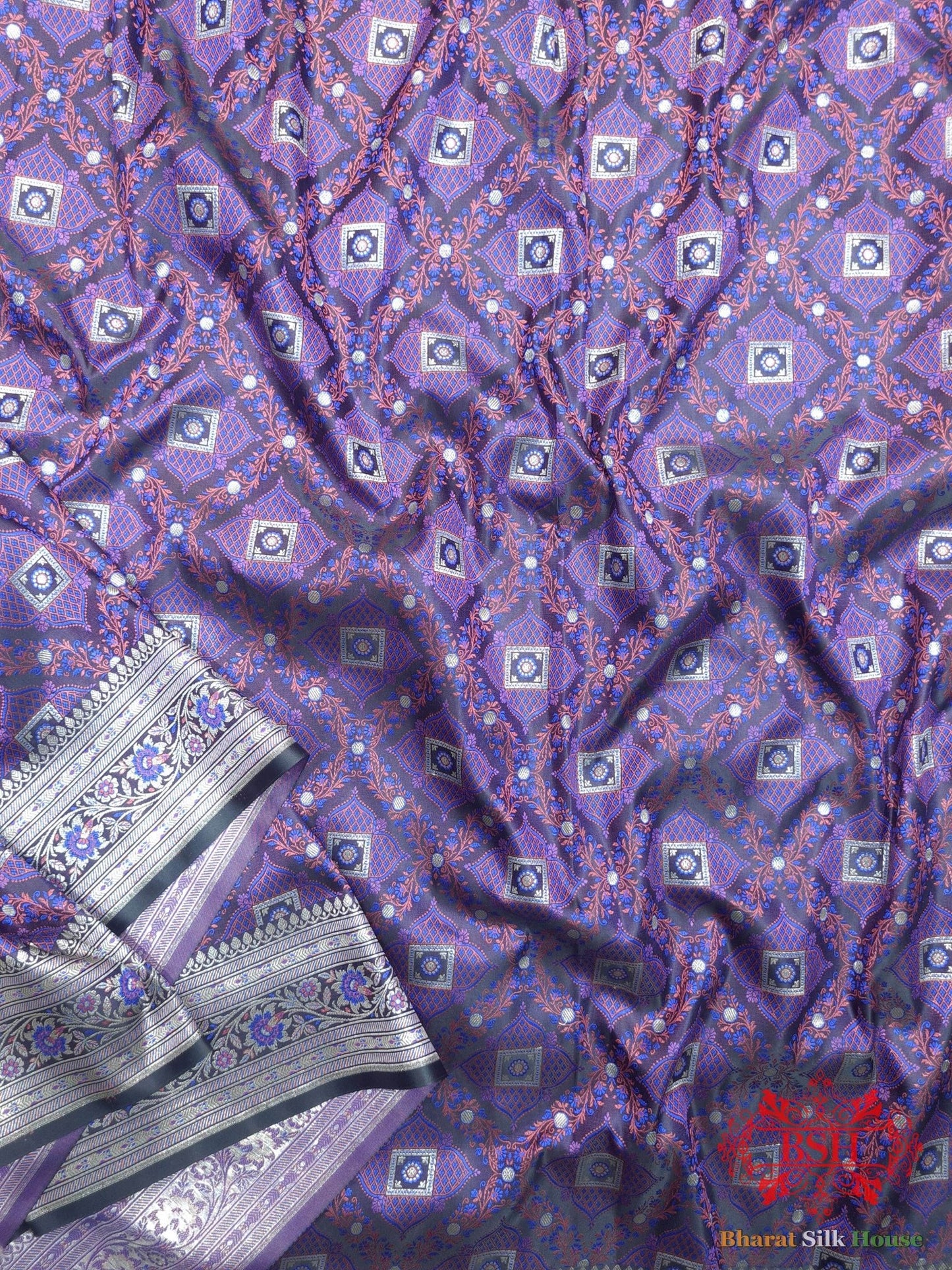 Shades Of Violet Dohri Resham Zari Booti Tanchoi Silk Saree - Bharat Silk House Tanchoi katan