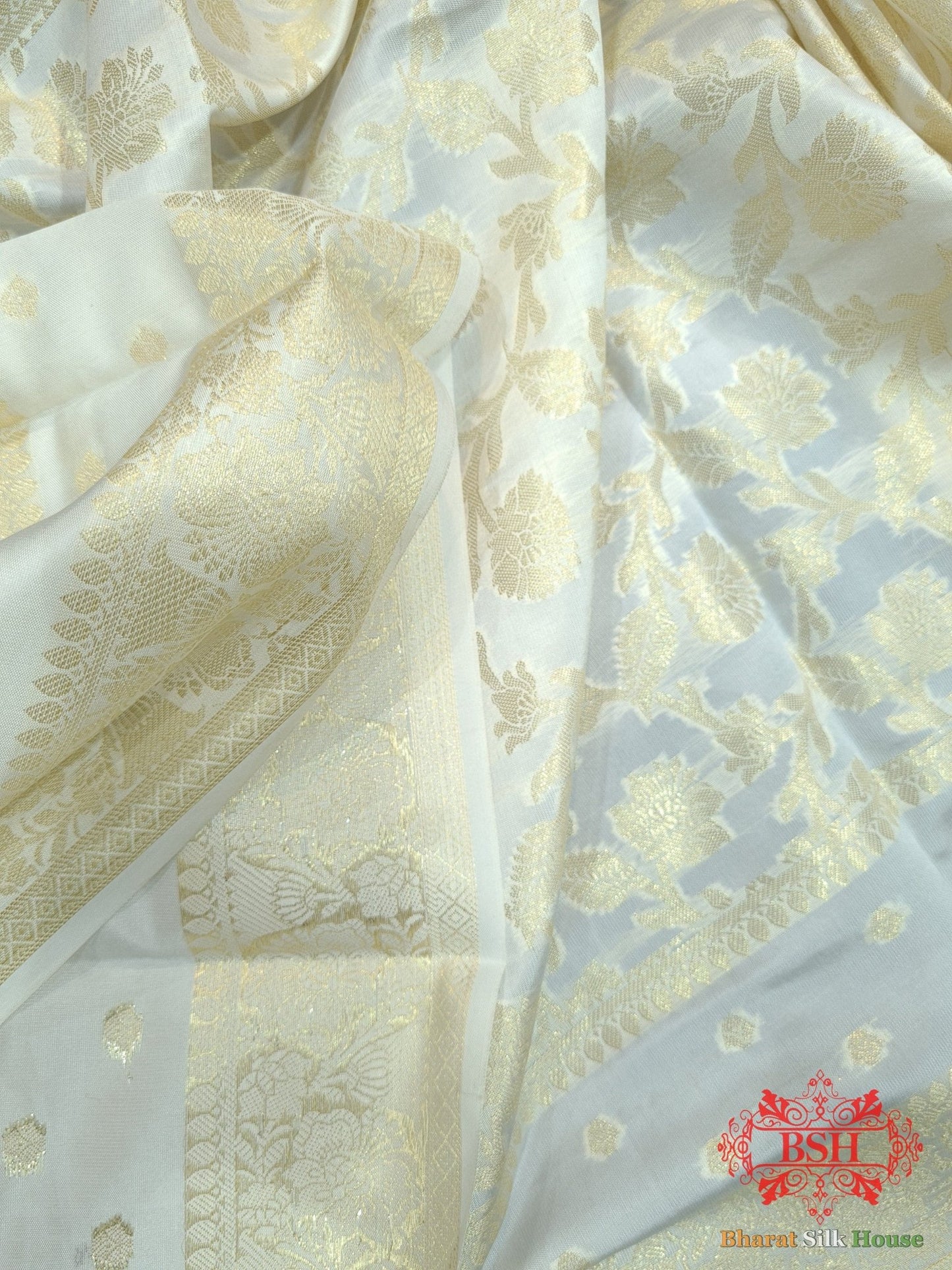 Shades Of White Banarasi Floral Semi Silk Dupatta - Bharat Silk House Semi Dupatte