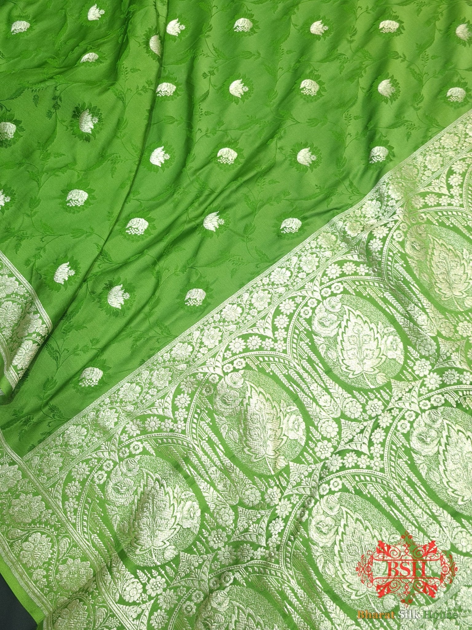 Shamrock Shades Of Green Single Zari Tanchoi Silk Saree - Bharat Silk House Tanchoi katan