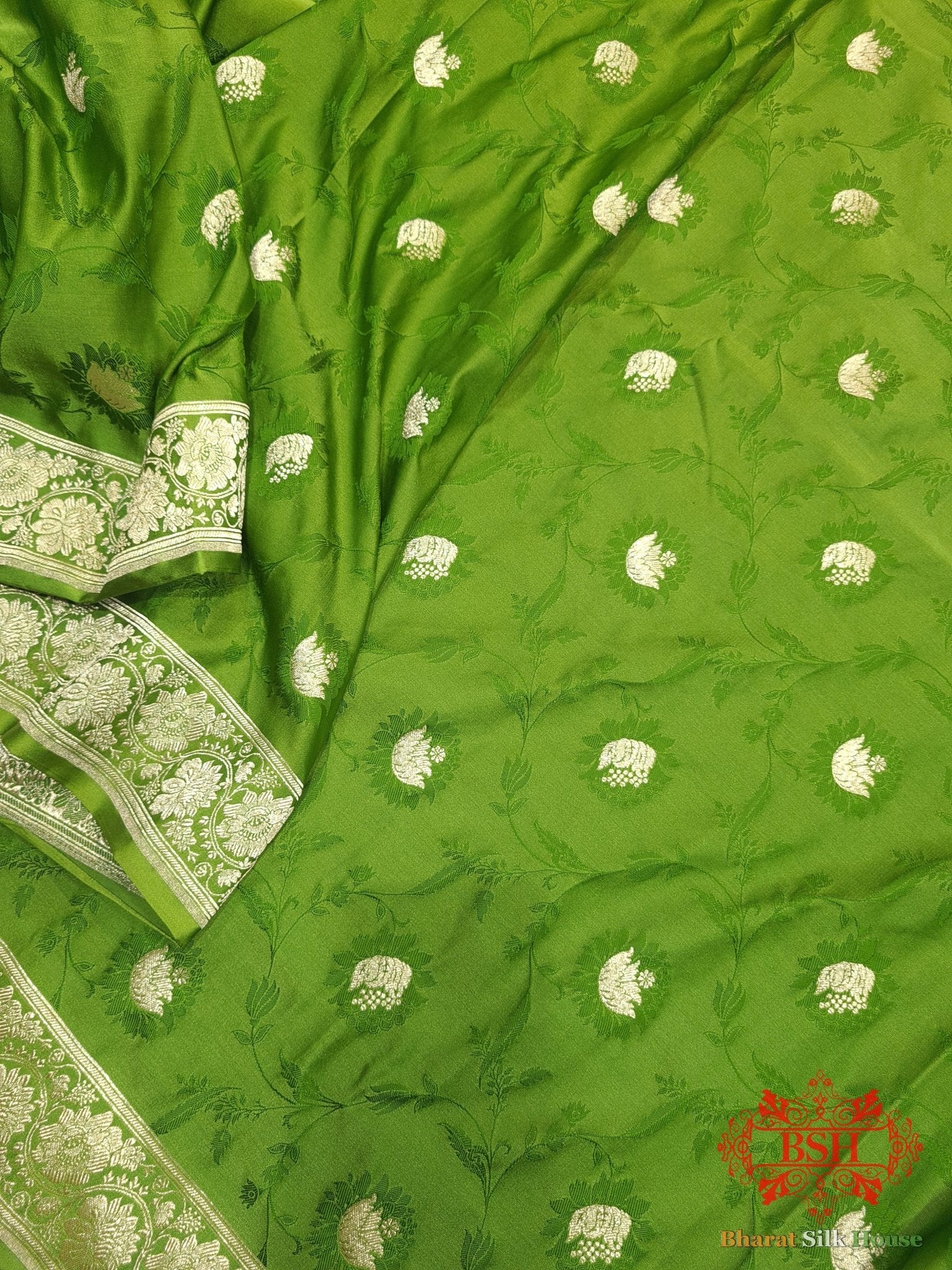 Shamrock Shades Of Green Single Zari Tanchoi Silk Saree - Bharat Silk House Tanchoi katan