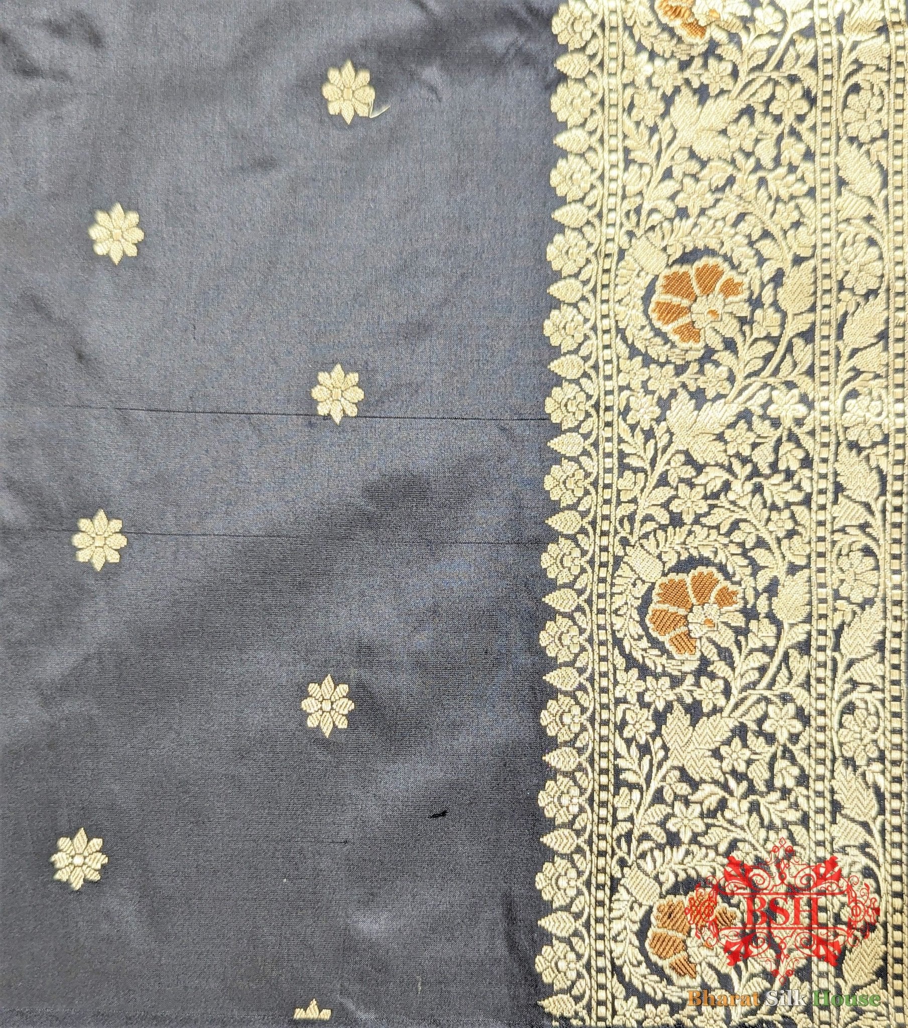 Sidewalk Grey Pure Katan Silk Banarasi Handloom Saree - Bharat Silk House Pure Kataan Silk