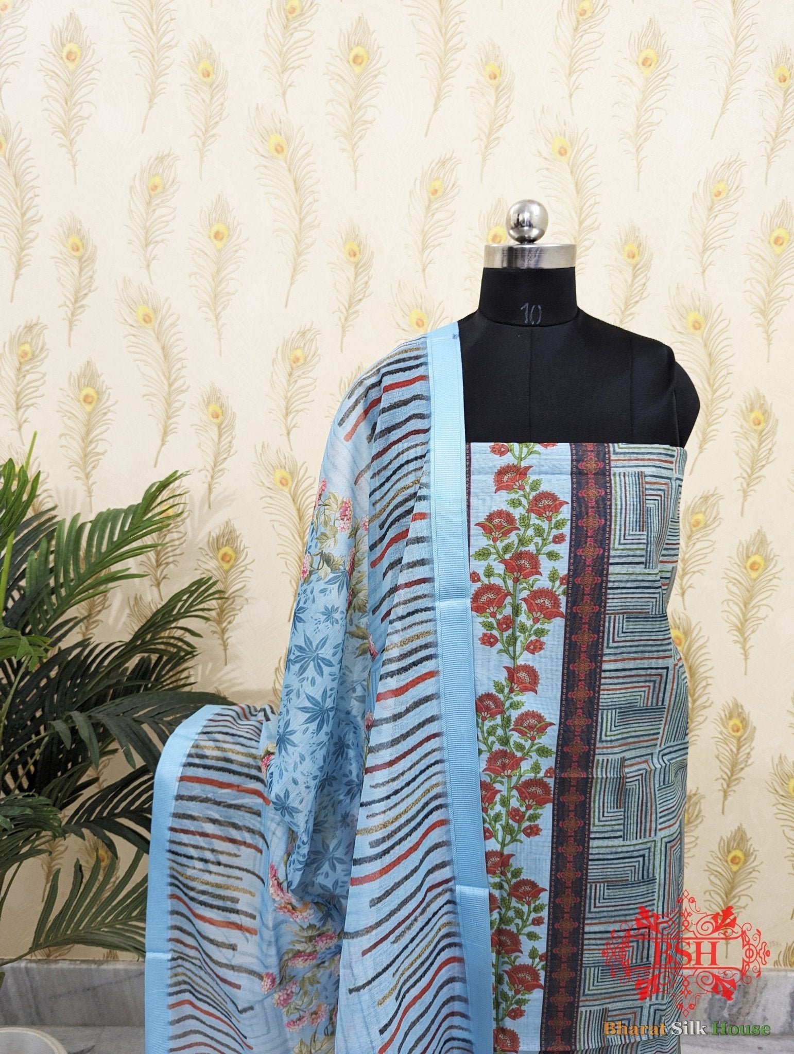 Sky Blue Digital Floral Print Cottton Suit Piece - Bharat Silk House Cotton