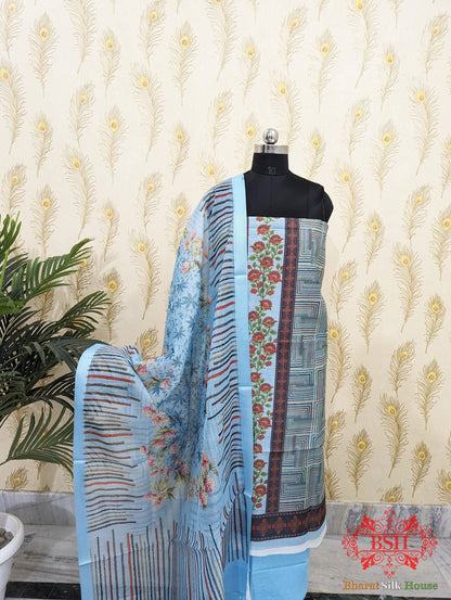 Sky Blue Digital Floral Print Cottton Suit Piece - Bharat Silk House Cotton