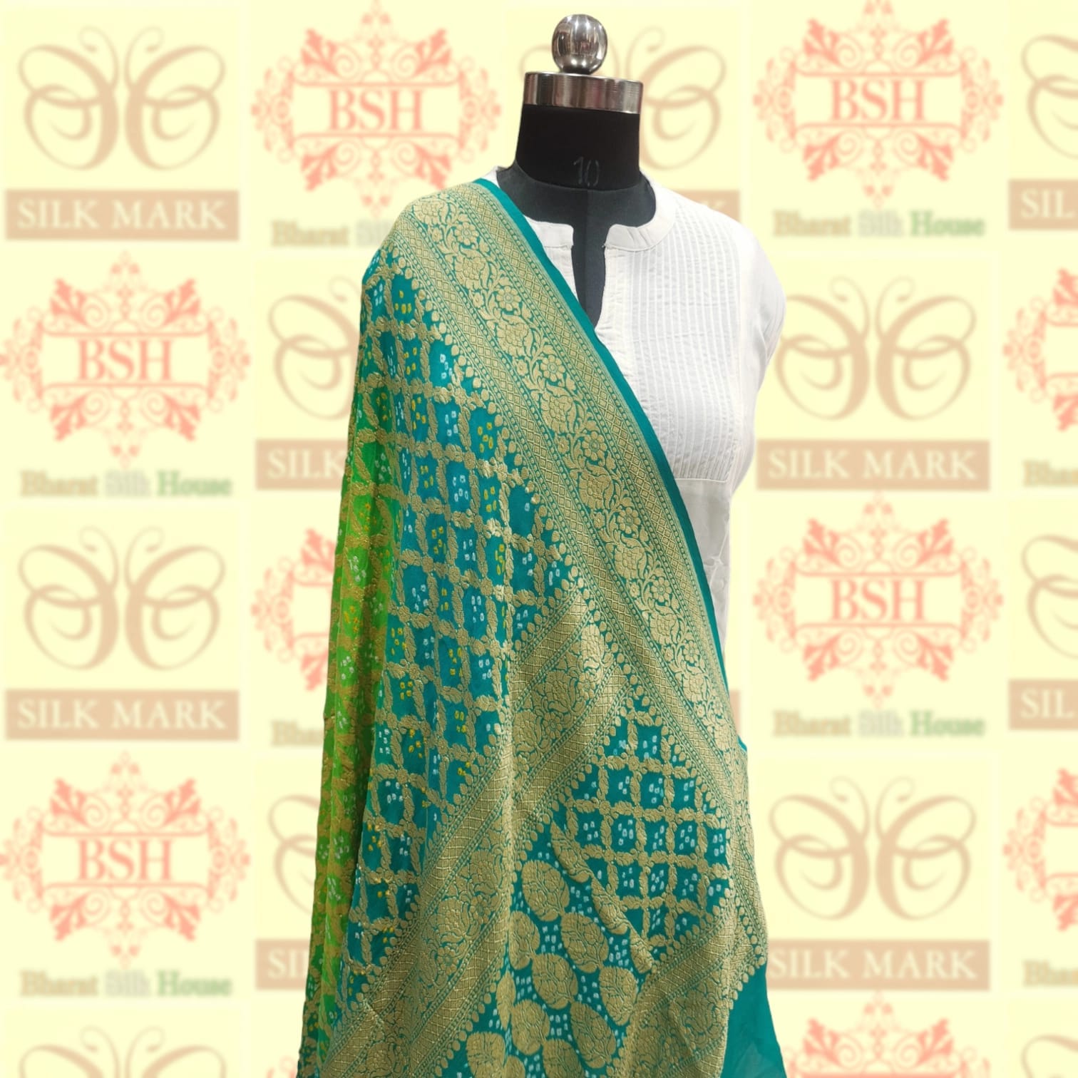 Sky Blue/Parrot Green Pure Georgette Banarasi Handloom Bandhani Dupatta - Bharat Silk House Bandhej