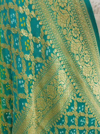 Sky Blue/Parrot Green Pure Georgette Banarasi Handloom Bandhani Dupatta - Bharat Silk House Bandhej