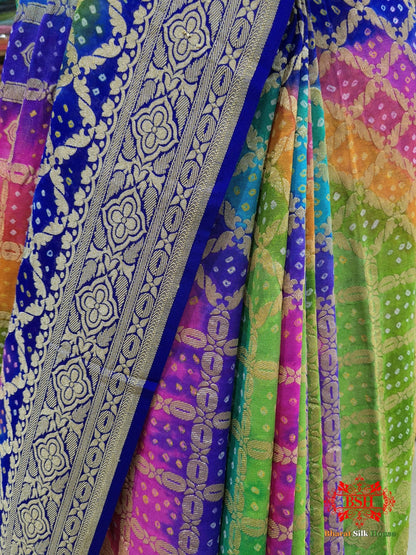 Ten Color Handbrush Dyed Pure Georgette Bandhej Banarasi Handloom Saree - Bharat Silk House Bandhej