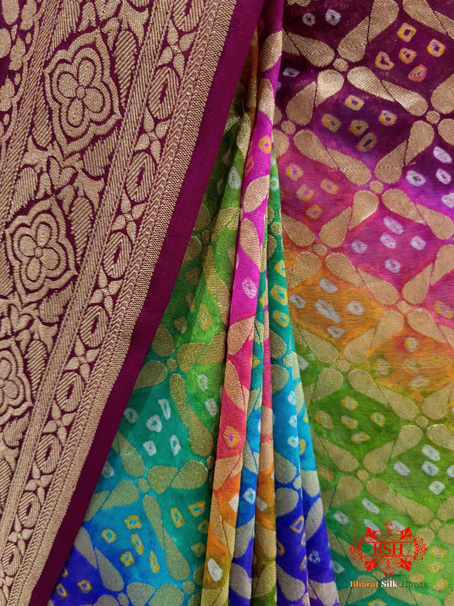 Ten Color Handbrush Dyed Pure Georgette Bandhej Banarasi Handloom Saree - Bharat Silk House Bandhej