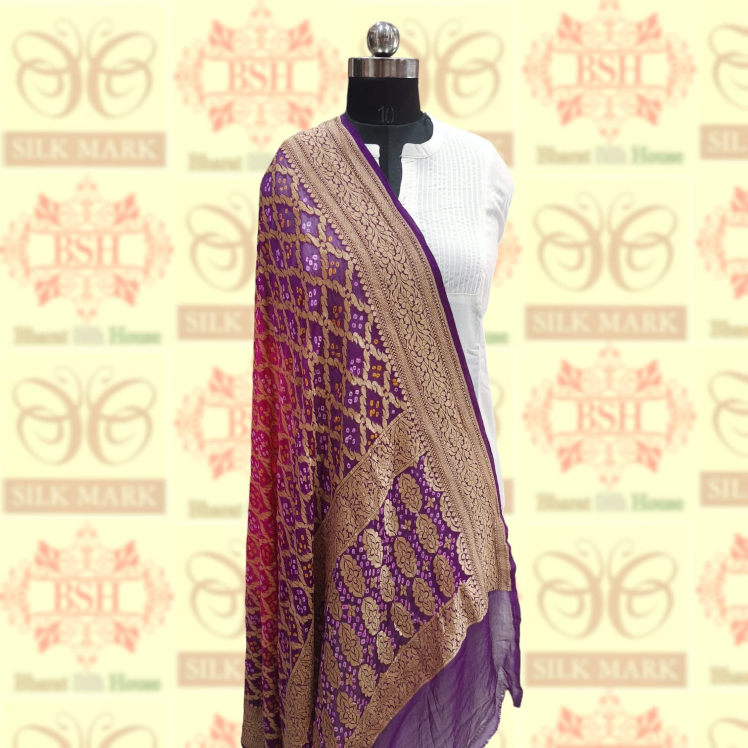 Violet/Pink Georgette Banarasi Handloom Bandhani Dupatta - Bharat Silk House Bandhej